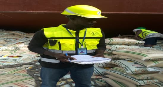 PGS surveyor in high-visibility gear inspecting bagged cargo on board